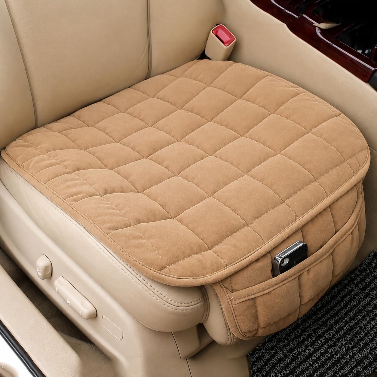 Premium Breathable Car Seat Cover Cushion Universal Fit Velvet Seat Protector with Storage Pocket for Sedan, SUV, Truck & Office Chair Soft & Driving Comfort Pad 60×50 cm - 1Pc (Beige)-image-23