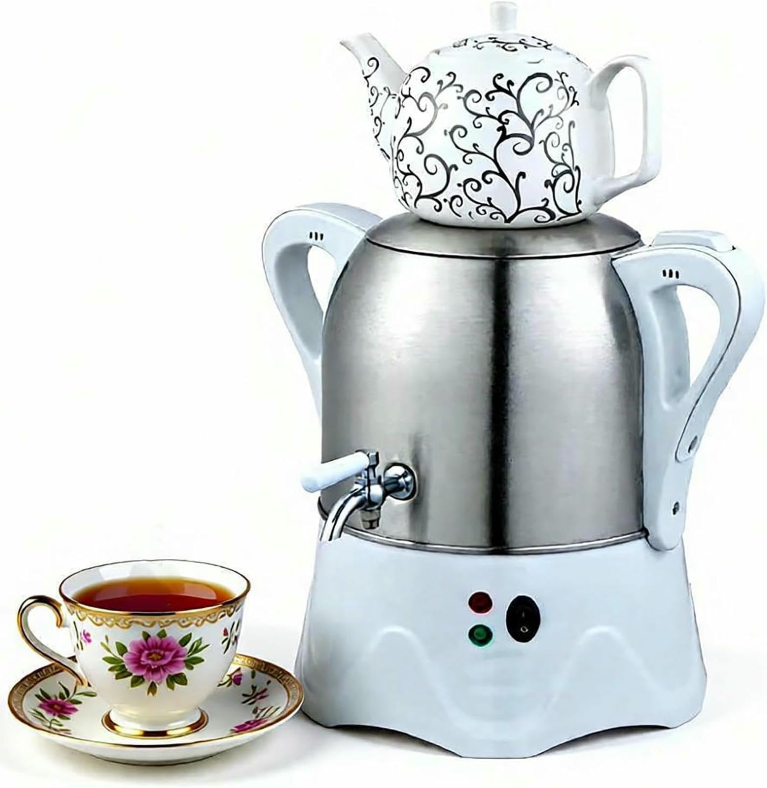 Samovar Électrique Turc, Bouilloire Turque En Acier Inoxydable De 3 L + 1 L, Machine À Thé Auto-Filtrante De Style Samovar Avec Robinet Et Fonction D'isolation, Alimentation Pour 5 À 7 Personnes