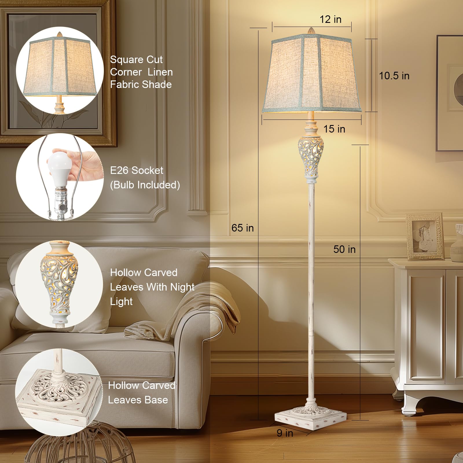 Rustic Floor Lamp 65'' Tall with Nightlight Cut Corner Linen