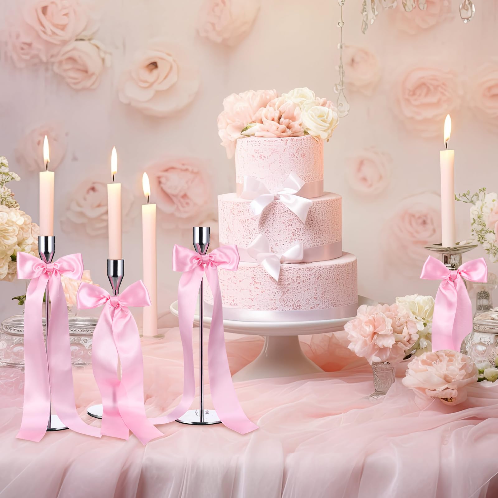 12 lazos rosados de Navidad para decoración de velas de 13 pulgadas, grandes lazos de decoración de coqueta para mesa, portavelas autoadhesivo, envoltura de regalo, boda, despedida de soltera 5