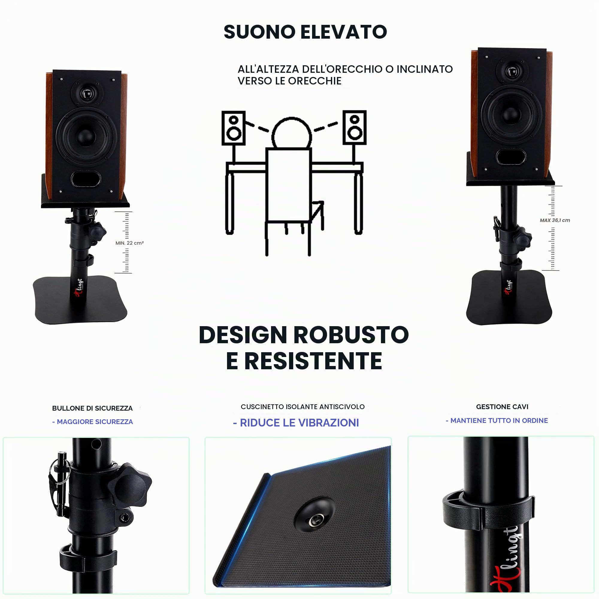 Coppia di Supporti per Altoparlanti da Scrivania, Supporto per Monitor da Altoparlante, Vassoio in Metallo da 17 x 20 cm, Angolo di Inclinazione da -10° a +10°, Base Piatta Compatibile con Qualsiasi