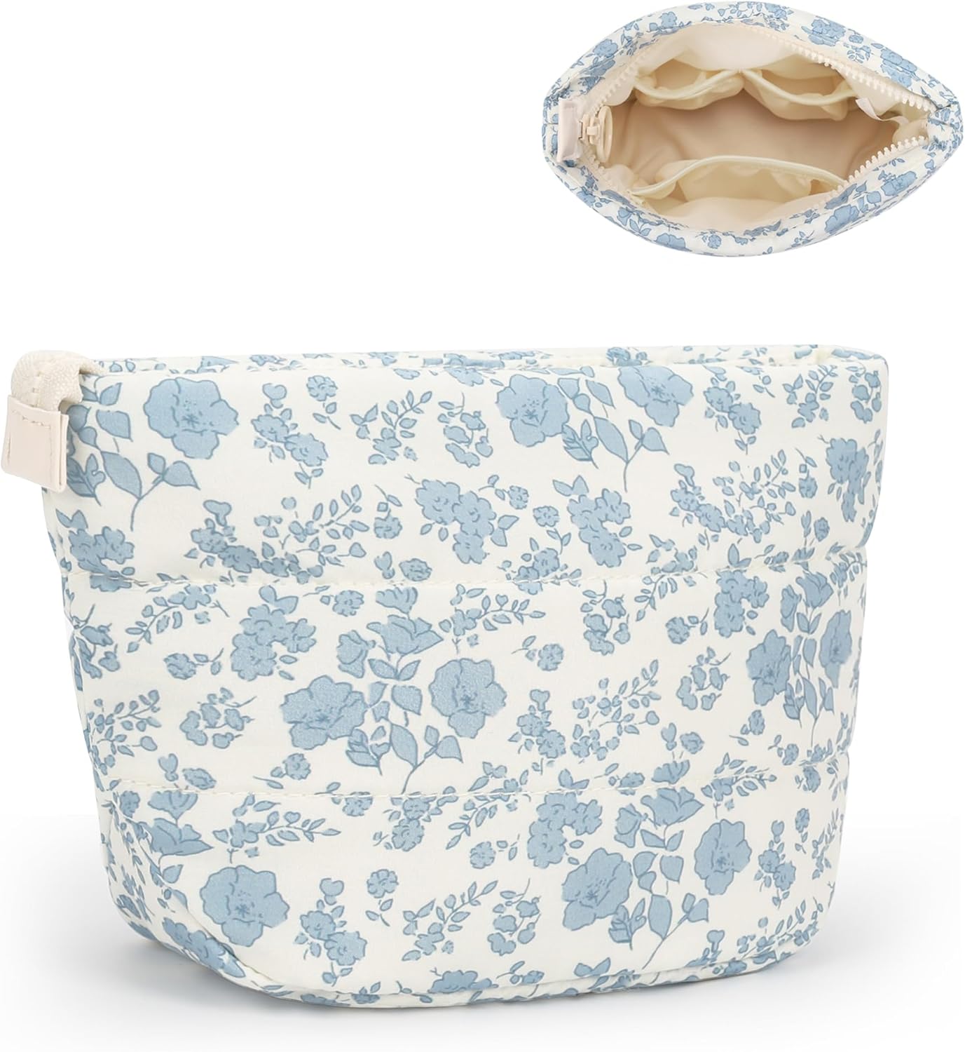 Twofold Travel Makeup Bag for Women, Small Cosmetic Organizer with Compartments, Portable Handbag for Essensial with Soft Materials, Personalized Preppy Make Up Pouch- Blue Flower
