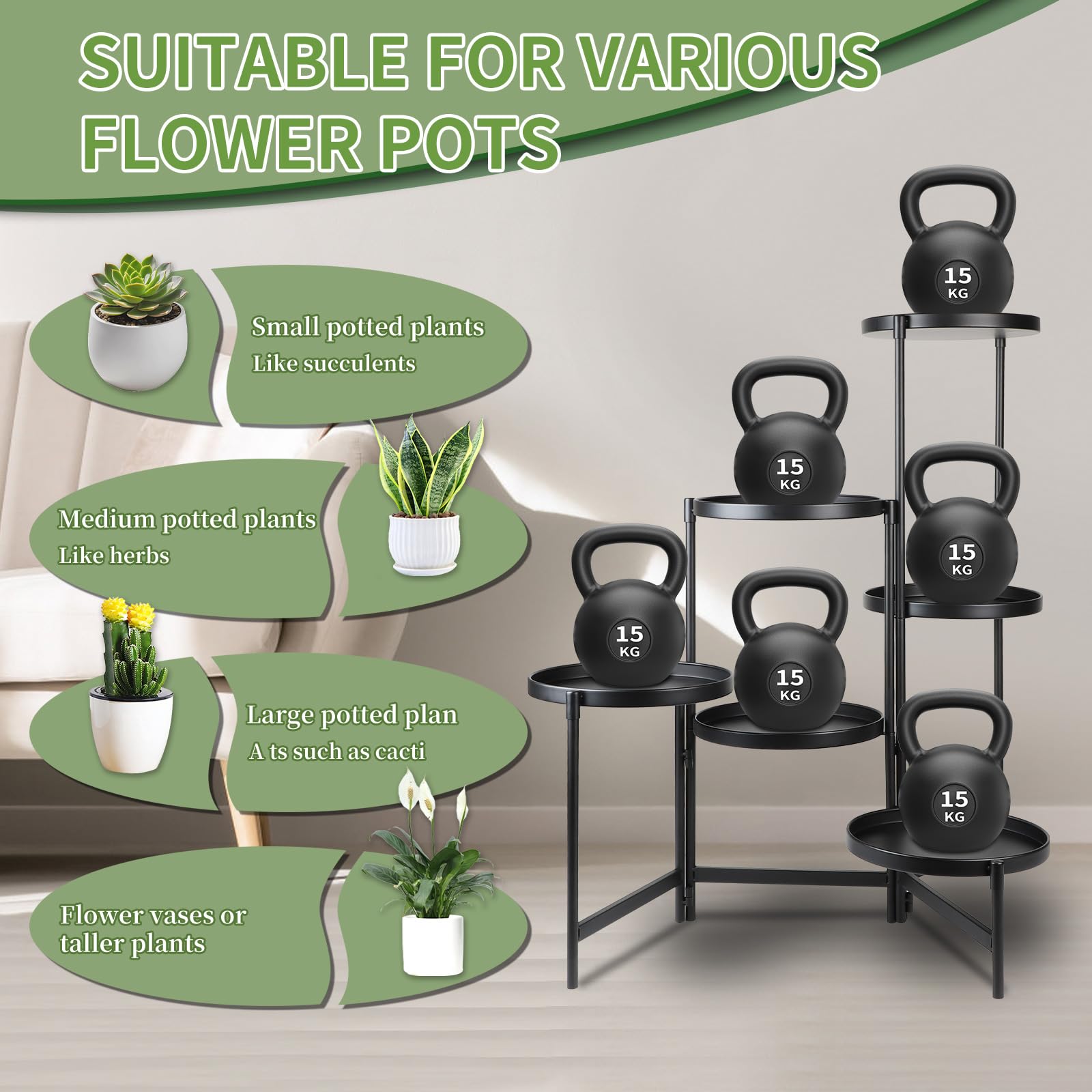 lalago Estanteria para Plantas, 6 Niveles Ø25cm Soporte Macetas Interior, Redonda Jardinera en negro, Soporte para Plantas para Interiores y Exteriores, Maceteros Decorativos para Esquina,Balcón