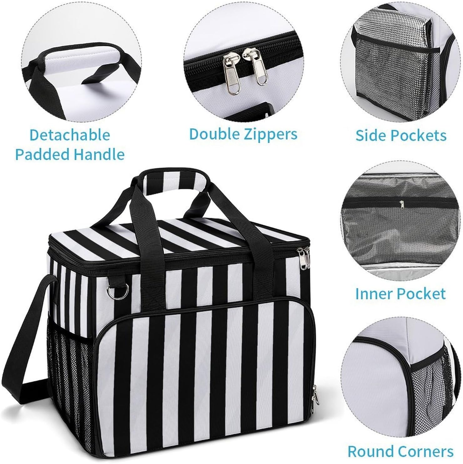 Insulated Picnic Backpack Tote Bag, Large Capacity 30L Black & White Stripe Cooler Bag Leakproof Beach Bags Portable Lunch Box Waterproof Picnic Basket for Beach Camping BBQ