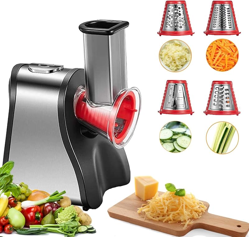 FOHERE Electric Cheese Grater Salad Maker, Electric Slicer Shredder for Home Kitchen Use, One-Touch Easy Control, Electric Grater for Vegetables, Cheeses and Nuts, BPA-Free, Red