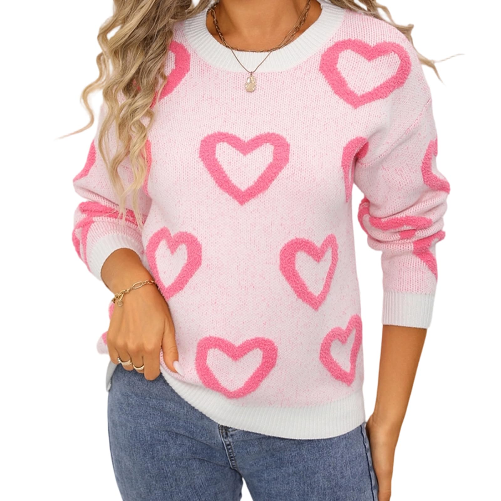 Women Cute Heart Sweater Love Print Valentine Romantic Knitted Top Crewneck Long Sleeve Sweaters Pullover