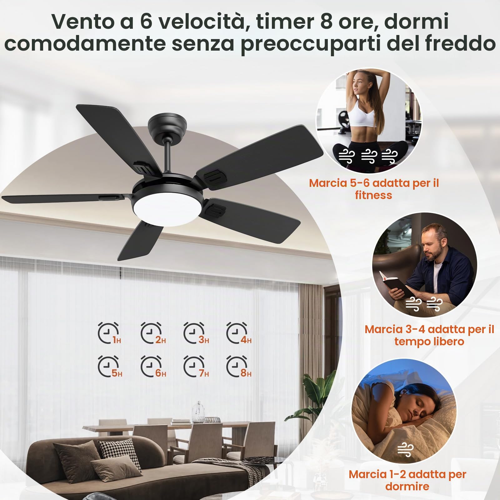 Ventilatore da Soffitto con Luce LED Ø132cm, App e Telecomando | Silenzioso, 5 Pale, Funzione Estate-Inverno, 6 Velocità, 3 Colori Dimmerabili, Timer per Camera da Letto e Soggiorno