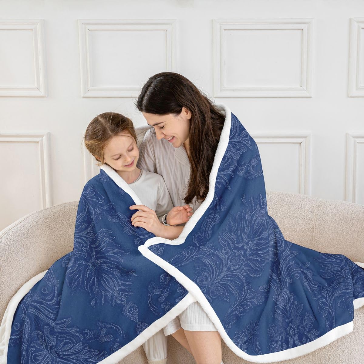 Erosebridal Victorian Floral Blanket Twin 60x80 Royal Blue Damask Sherpa Blanket for Bed Sofa Chair Antique Baroque Bedroom Decor Vintage Bohemian Exotic Fuzzy Plush Throw