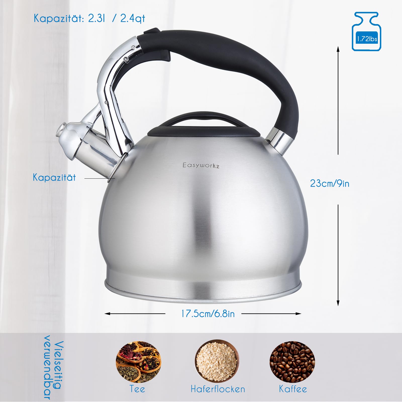 Easyworkz Wasserkessel Induktion Pfeifkessel aus Edelstahl, 2,3 l Teekessel für alle Kochplatten, Flötenkessel mit Hitzebeständiger und rutschfester Griff, Wasserkocher für Tee Kaffee