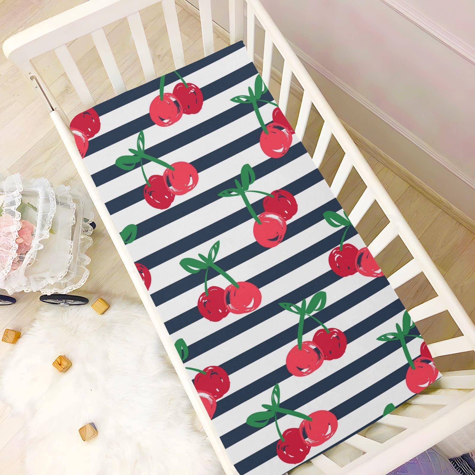 Spannbettlaken für Kinderbett, Kirschmuster, gestreift, weich, atmungsaktiv, pflegeleicht, Spannbetttuch für Babybett und Kinderbetten