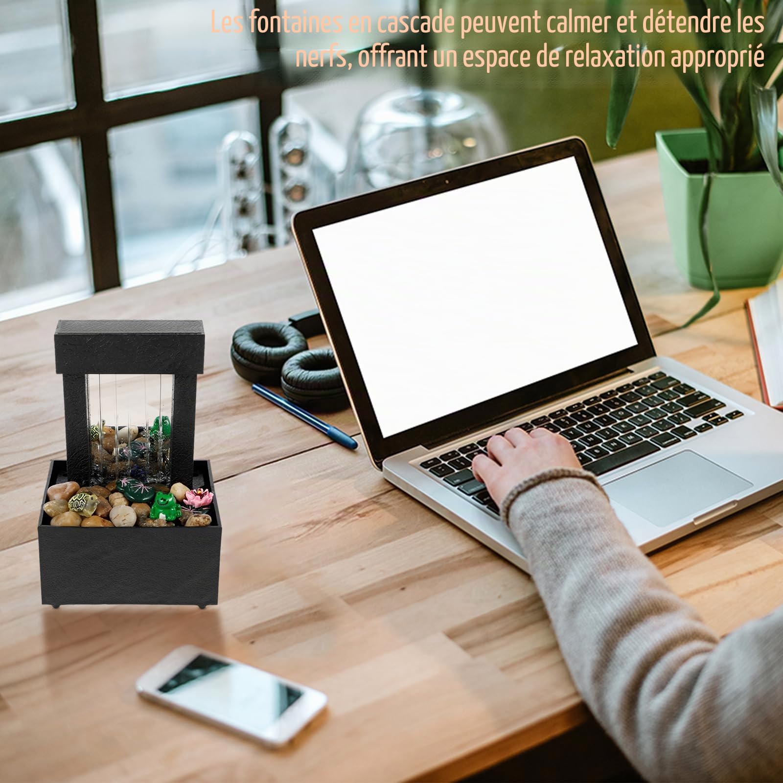 Fontaine de table, Mini fontaine à eau d'intérieur avec lumière fonctionnant sur pile/USB, Ornements d'eau courante créatifs décoration de bureau, Fontaine ornementale de relaxation sonore pour table
