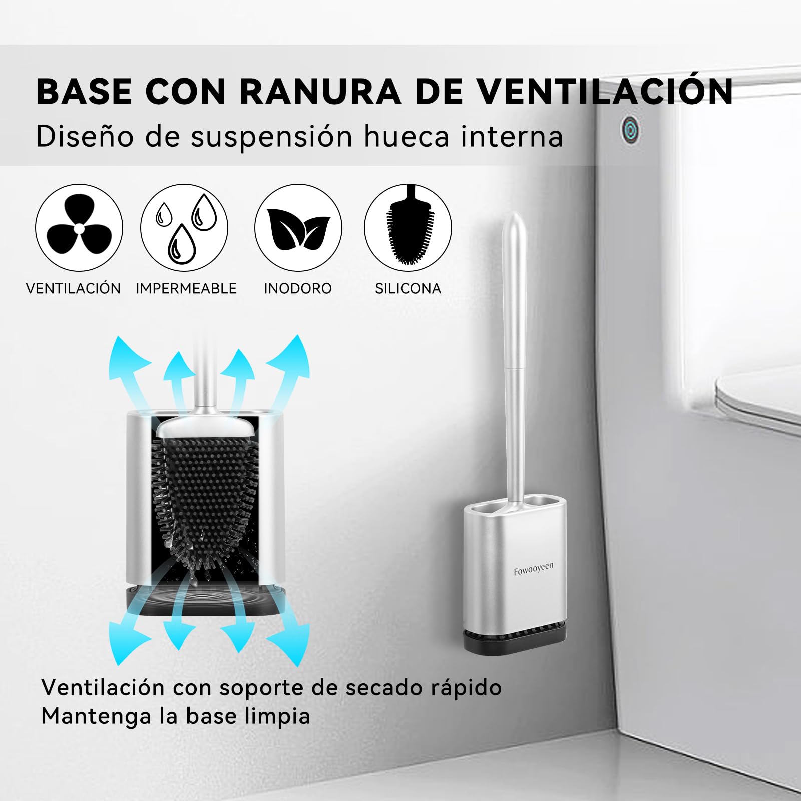 Fowooyeen Escobillas de Baño, Escobilla WC Silicona, Cepillo Toilet Plana de Mango Largo, Cepillo de Limpieza WC Curvo de Pie/Montado en la Pared - Plata Mate