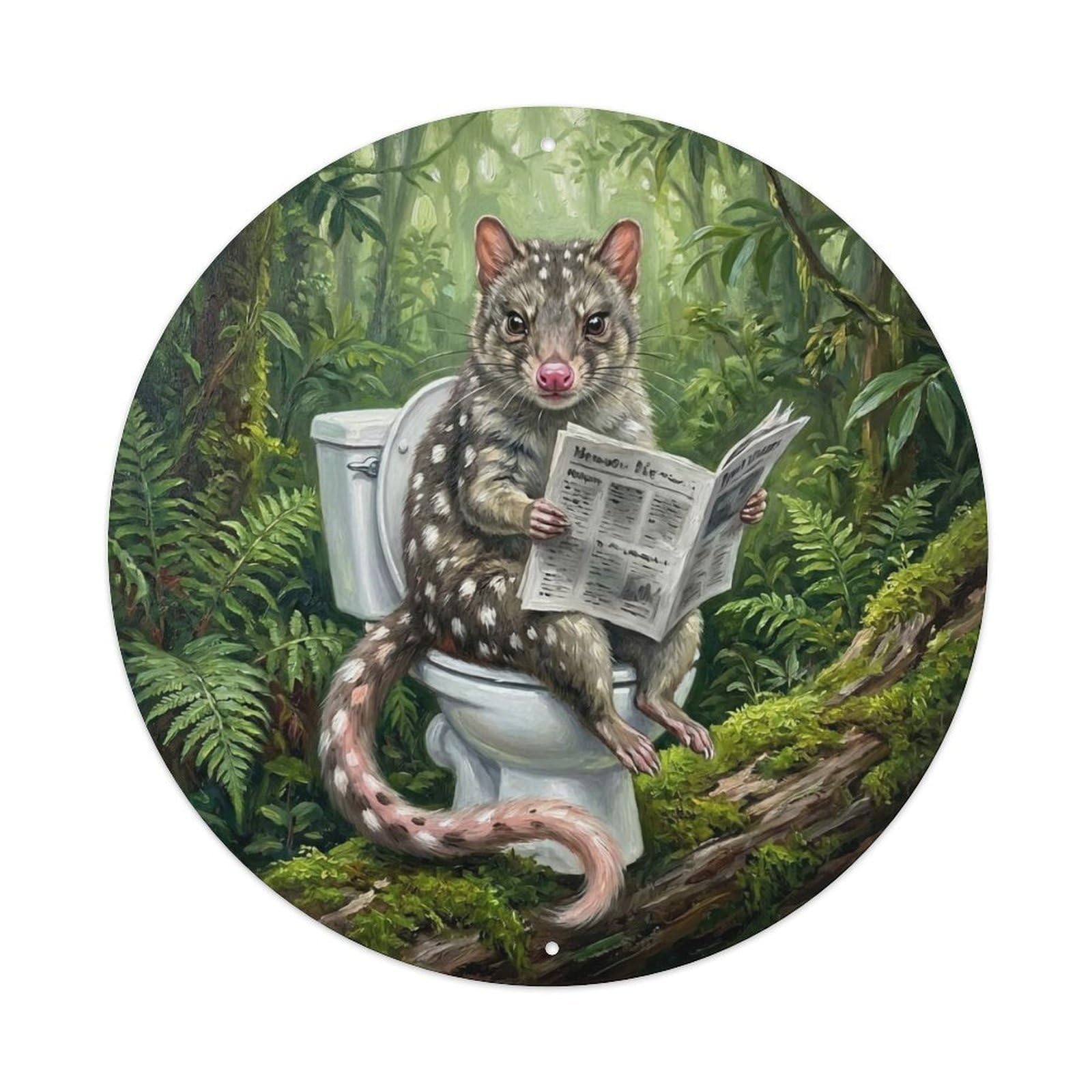 Quoll On Toilet Humorous Bathroom Rainforest Log Reads Metal Tin Sign
