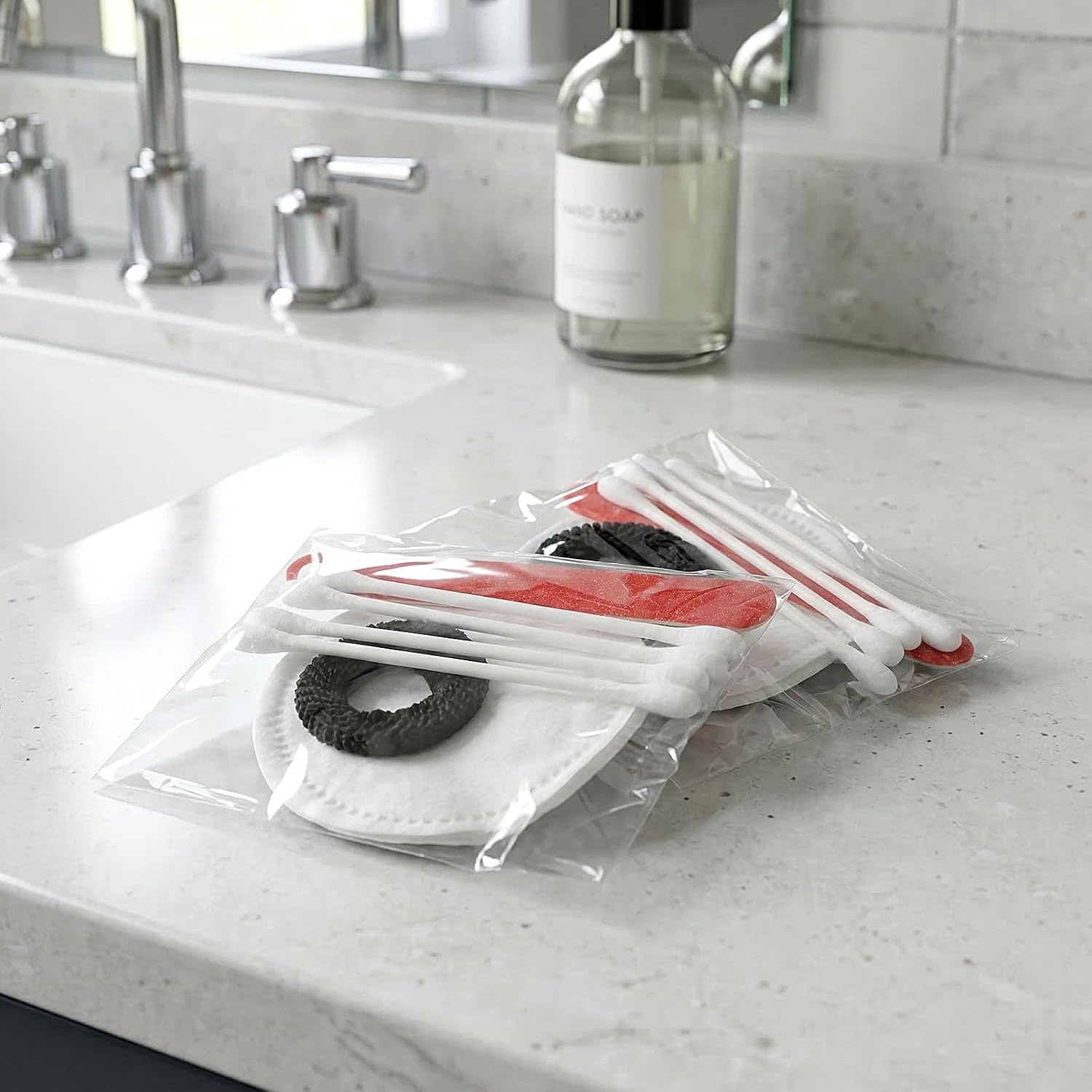 100 Pcs Hotel Vanity Kit Individually Wrapped Vanity Kit Travel Hotel Hospitality Supplies Include Disposable Cotton Pads, Cotton Swabs, Hair Tie, Nail File for Motels Toiletries