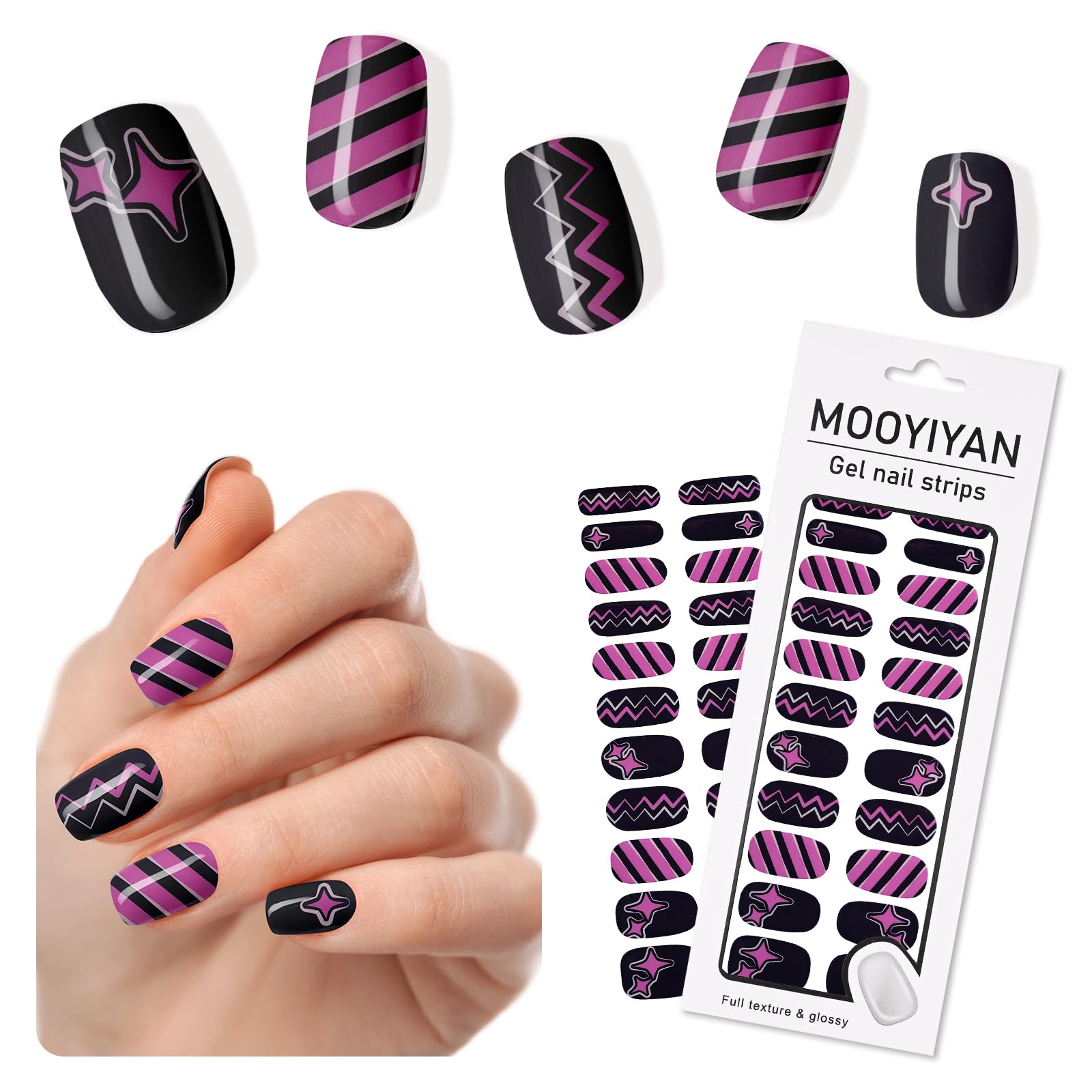MOOYIYAN Gloss Nail Strips|Uv Free|22 Pcs,Gel Nail Stickers|Long Lasting Two Weeks and Easy to Apply&Remove|Black Purple Pop