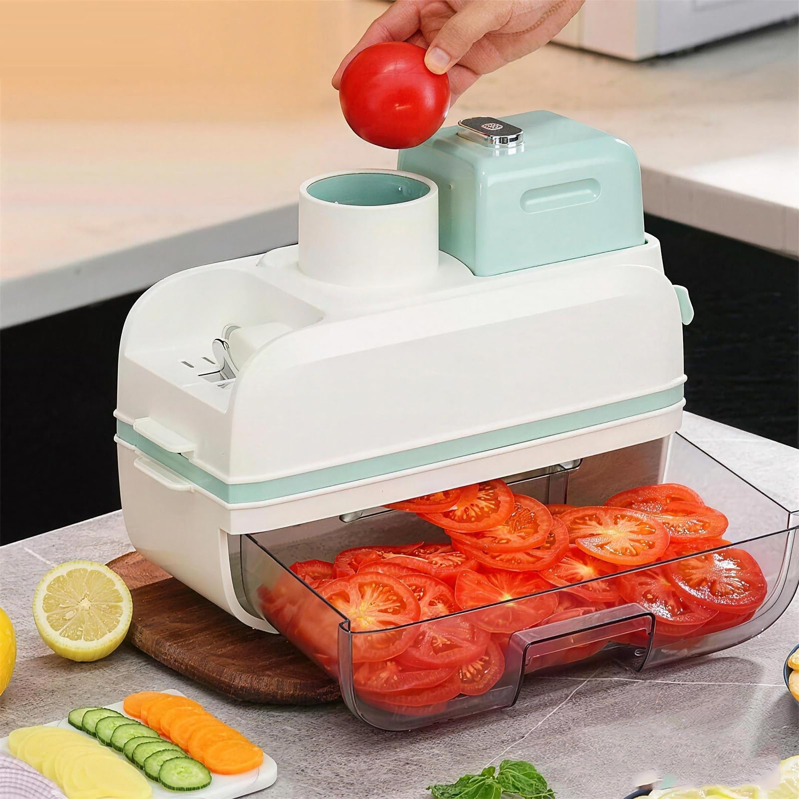 Affettatrice Elettrica per Verdure da 100 W, Robot da Cucina per Frutta E Verdura, con 4 Lame, Diametro di Ingresso di 8,5 Cm, Superficie di Taglio Liscia E Pulita, per Mense