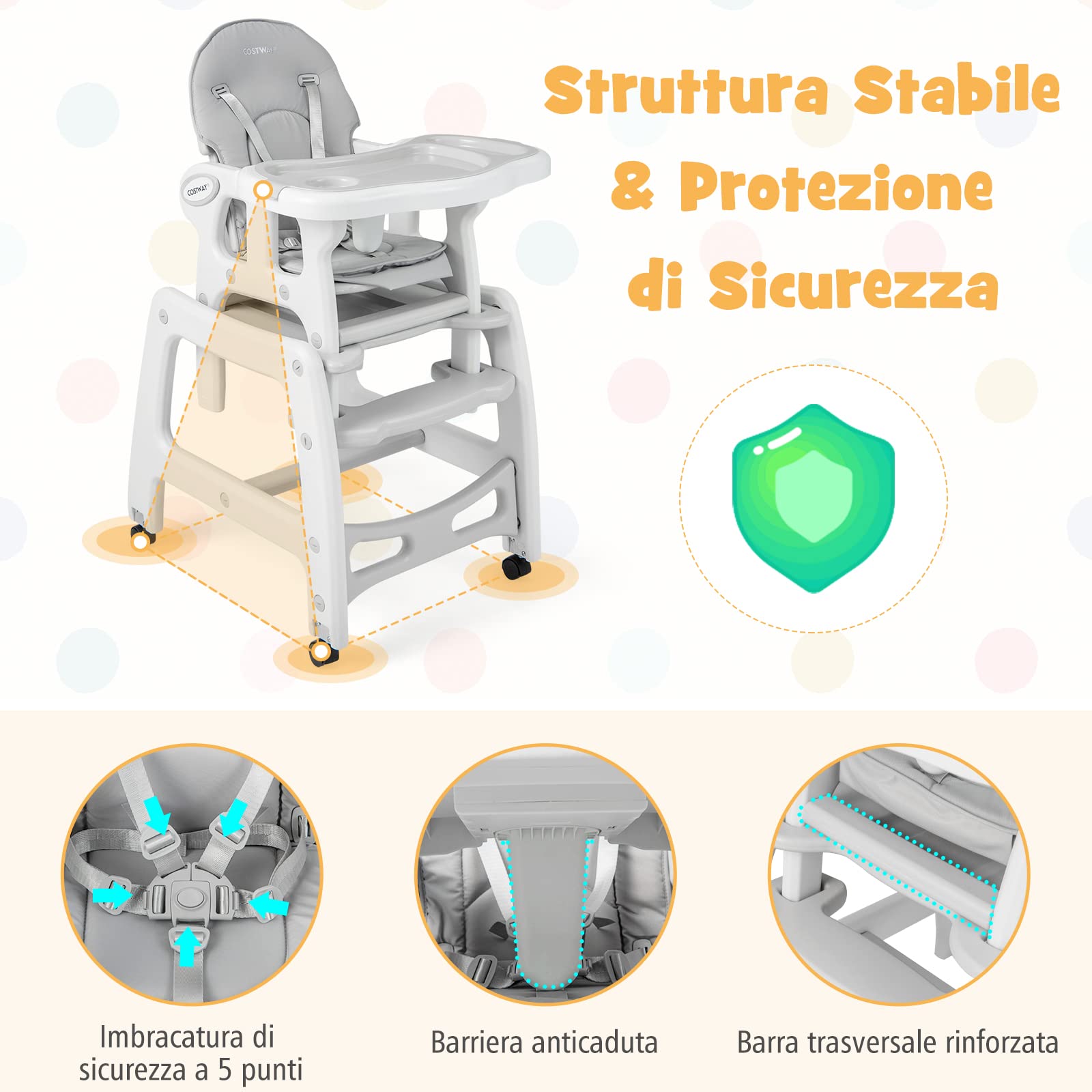 COSTWAY 3 in 1 Seggiolone Pappa Bambini, Seggiolone Neonati con Vassoio Rimovibile, Sedia e Tavolo Convertibile Ragazzi, Schienale Regolabile, Cintura di Sicurezza, per Bambini 6-36 Mesi (Grigio)