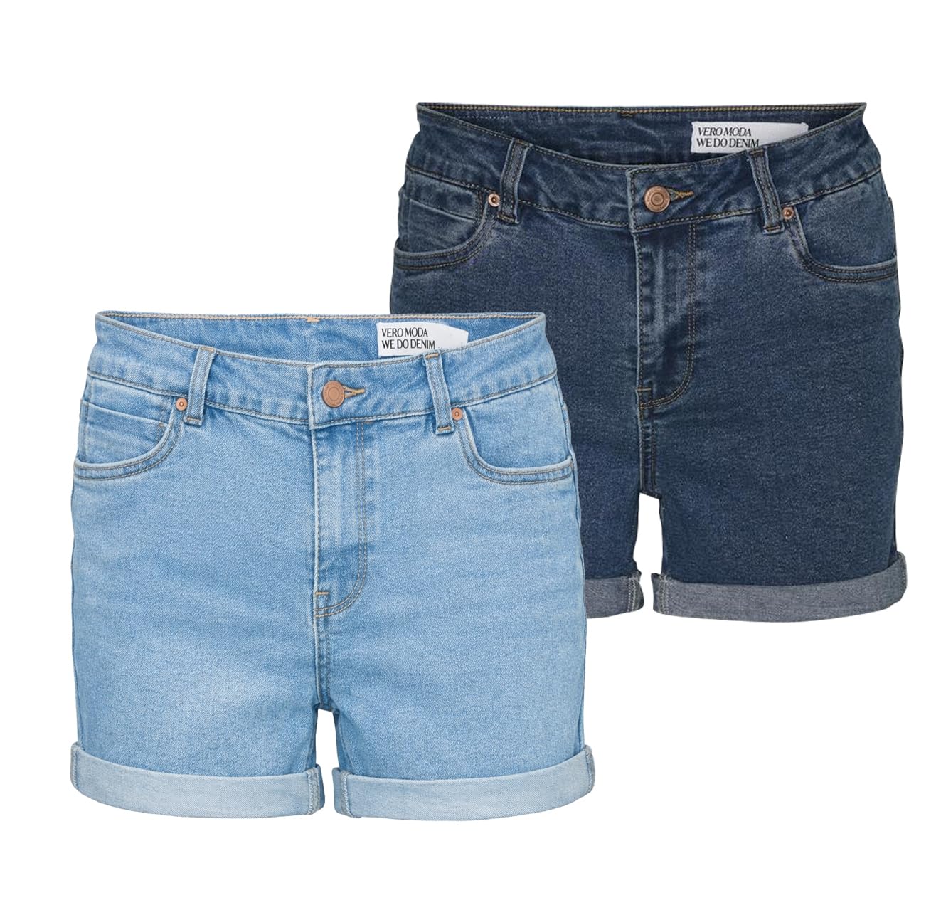 VERO MODA Ladies Denim Turned Hem Shorts with Pockets, Medium Blue/Light Blue, M