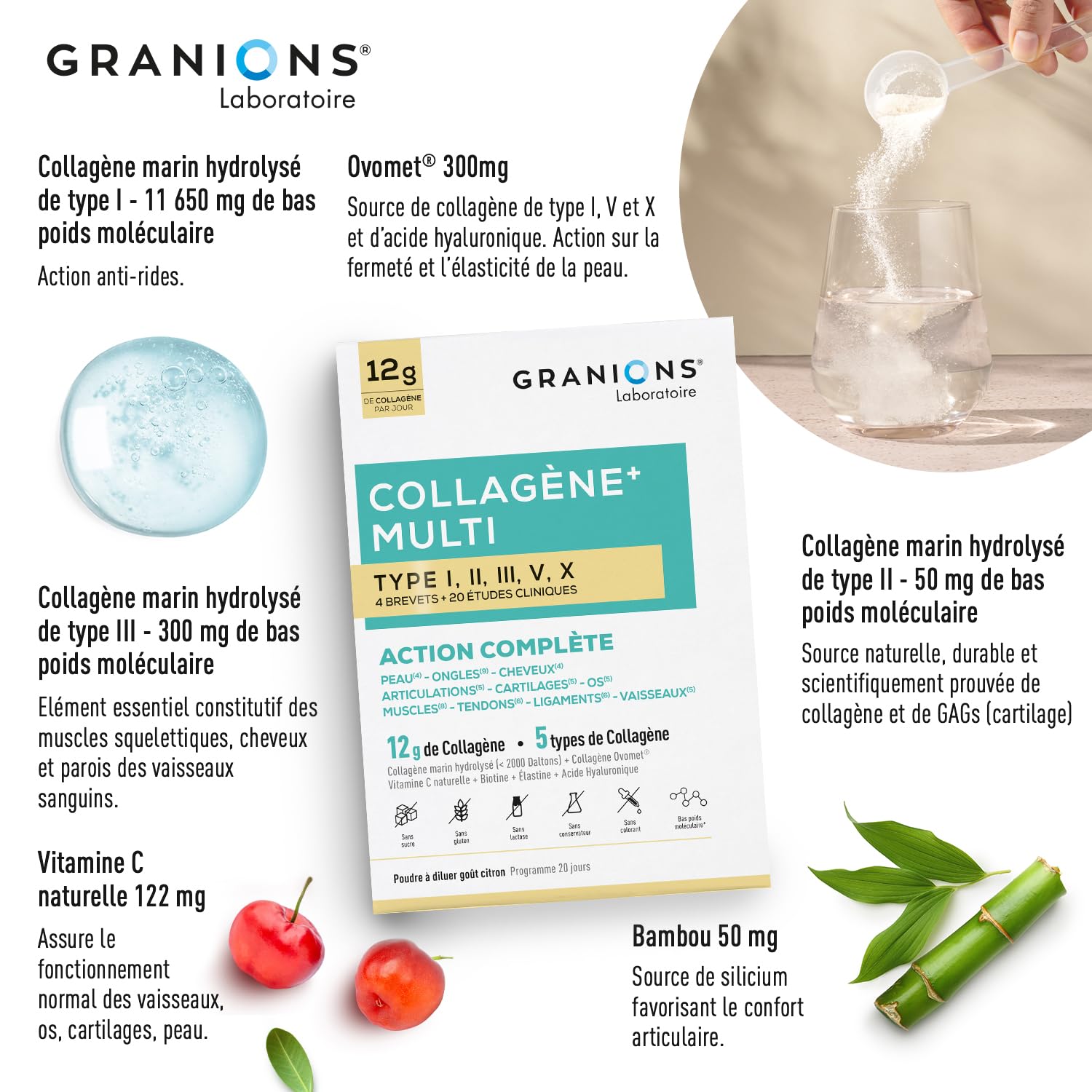 MULTI Collagene - 5 Types de Collagène - GRANIONS Collagène N°1 en Pharmacies - Collagene et Acide Hyaluronique - Marin Poudre - Collagene Marin + Vitamine C - 20 études cliniques - Goût Citron 260 g