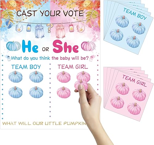 Póster de revelación de género de calabaza pequeña, póster de revelación de género para bebé, kit de juegos de fiesta con 40 calcomanías de calabaza