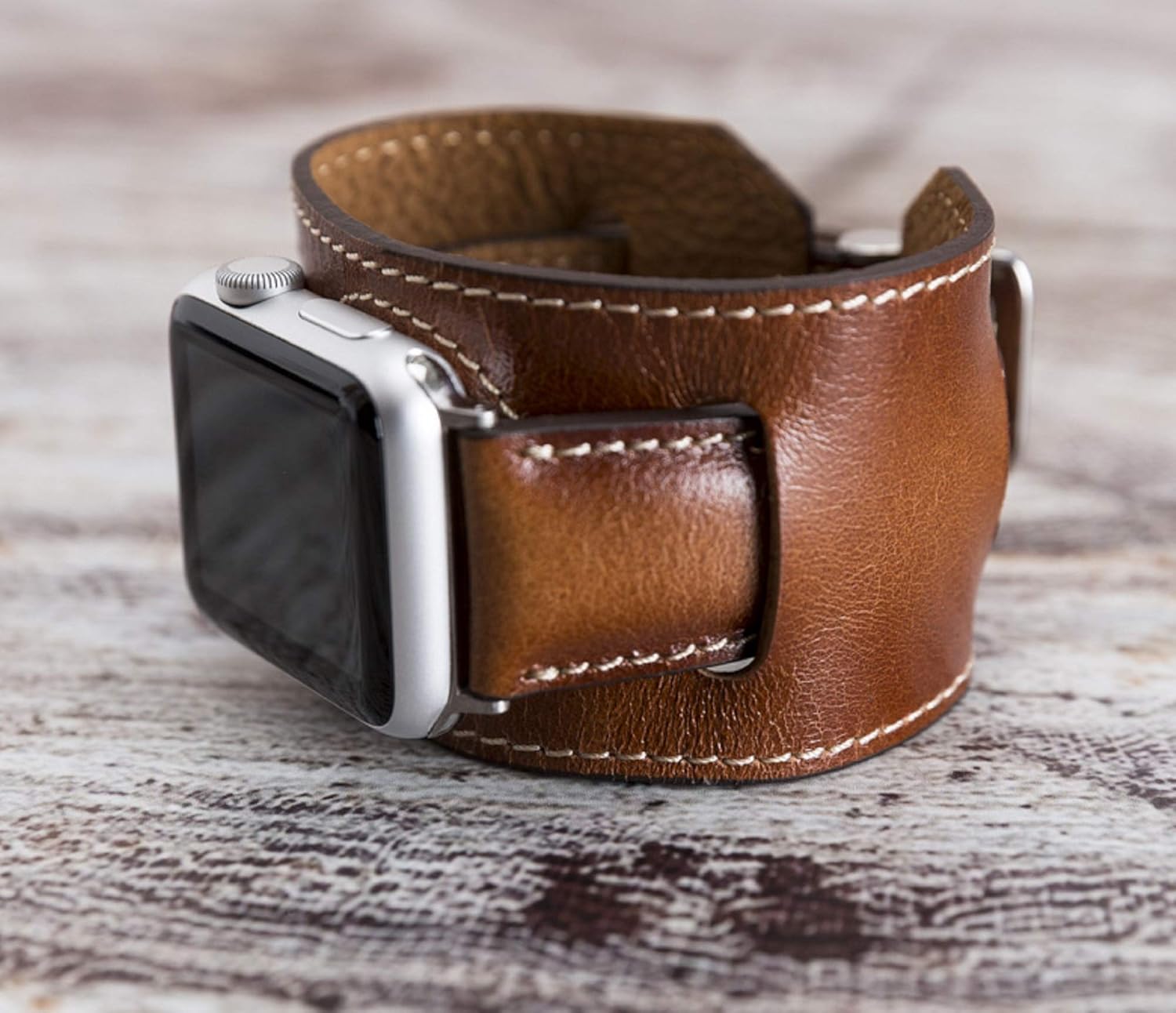 VENOULT Cuff Bands fits to iWatch Series 11-1, Ultra 2-1, Compatible with Apple Watch for Man or Women 49mm, 45mm, 44mm, 41mm, 40mm, Dark Brown Genuine Leather Bull Strap, HANDMADE