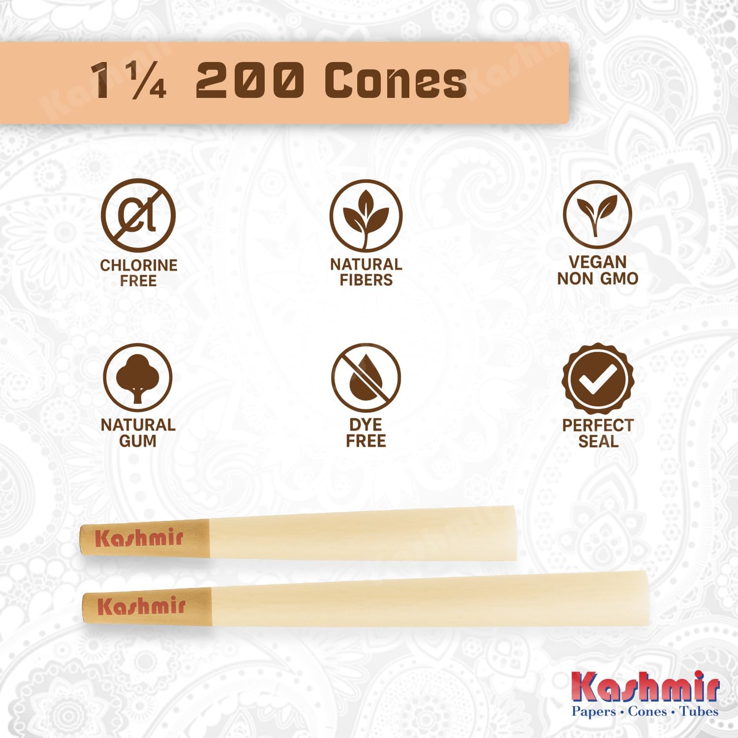 Kashmir Pre Rolled Cones 1 1/4 Size – 200 Pack Unbleached Rolling Papers with filter Tips – Natural Fiber Cones – Slow Burn, Easy Fill, Even Smoke – 79mm Pre Rolls