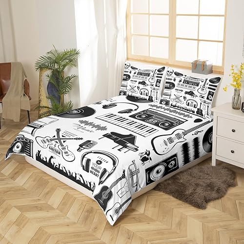 Miniatura 3 de Erosebridal Juego de funda de edredón de instrumentos musicales, juego de ropa de cama individual de piano clásico, funda de edredón blanca y negra,