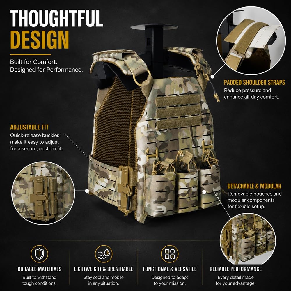 Chaleco Táctico Unisex Liberación Rápida,Chaleco MOLLE Ajustable Bolsillos Multifunción Ligero Transpirable para Airsoft Paintball Caza Senderismo Actividades Al Aire Libre