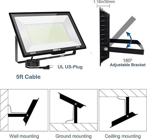 Miniatura 3 de Luces LED de inundación de 500 W para exteriores, paquete de 2 unidades, IP66 impermeable, luz diurna de 6000 K, luces de seguridad blancas para