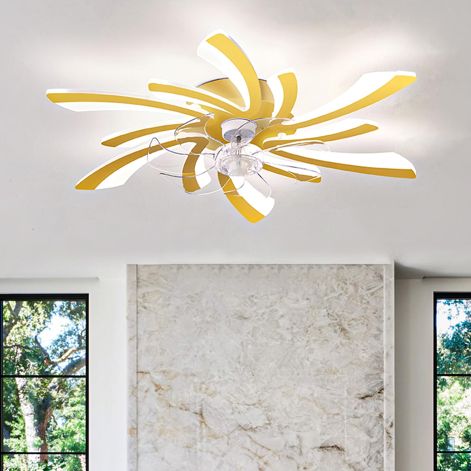 Ventilatore da Soffitto con Luce Led Dimmerabile Silenzioso Plafoniera con Ventilatore e Telecomando Reversibile 6 Velocità Lampadario Ventilatore per
