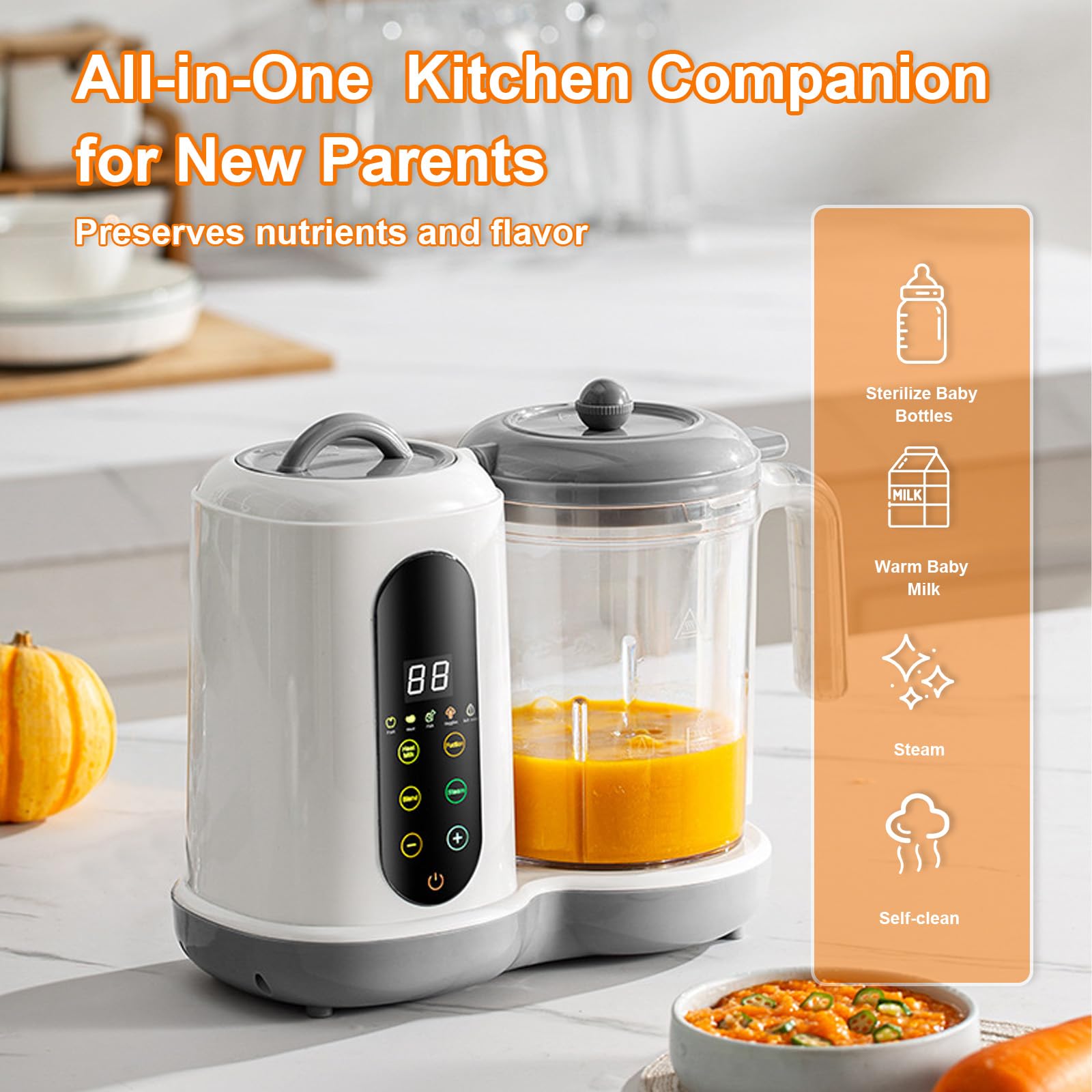 Máquina automática de alimentos para bebés 4 en 1, procesador de alimentos casero multifuncional de 450 W con vaporizador, licuadora de puré, 4 menús preestablecidos, control de pantalla