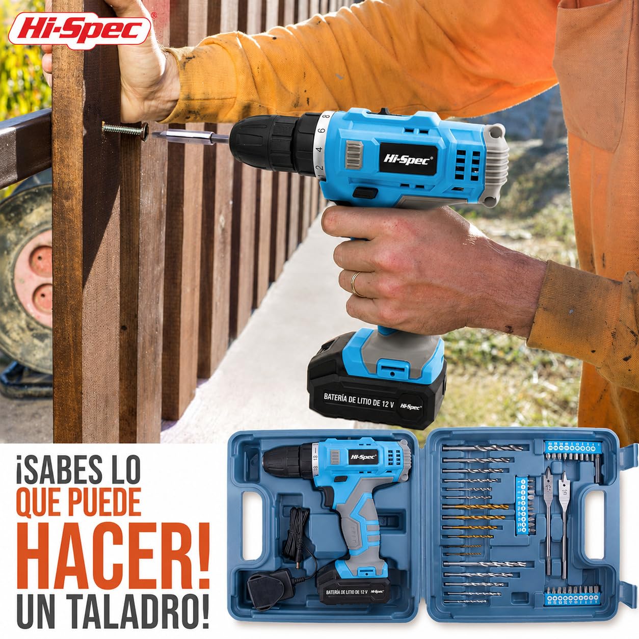 Hi-Spec Taladro Atornillador Destornillador Inalámbrico Azul de 12V Batería de 1300mAh hasta 20Nm, Velocidad Variable y Luz Led. con Maletín Estuche de 46 Puntas Brocas y Accesorios de Bricolaje.