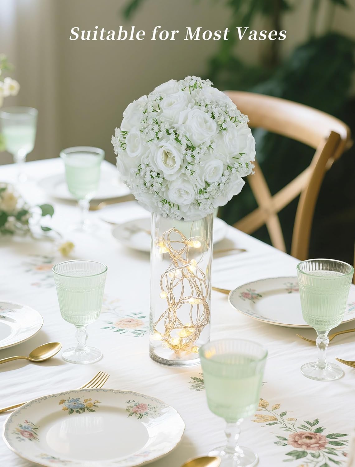 BLOSMON Babys Breath Artificial Flowers: 10 Pcs White Rose Baby Breath Ball Centerpieces for Wedding Table - Fake Silk Kissing Floral Arrangement for Home Party Event Decoration - Image 4