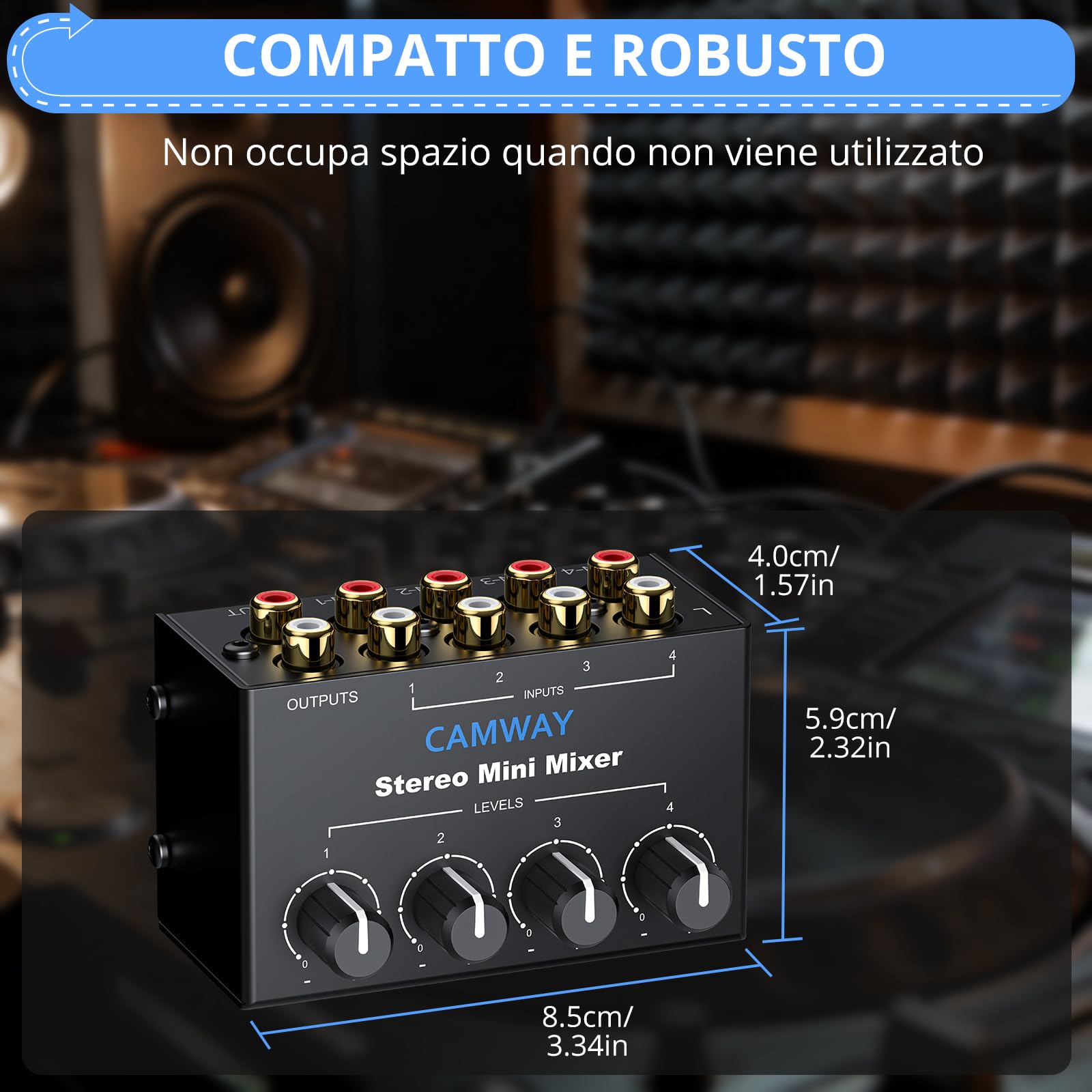 CAMWAY Mixer Passivo 4 Canali,Mini Mixer Audio Stereo Non Alimentato con 4 Ingressi RCA,Controllo Volume Separato Connettori Dorati per Amplificatori Ingressi Audio per DVD/Altoparlanti/Soundbar