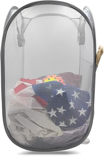 HONOMA Cesta de malla resistente para lavandería, cesta desplegable con bolsillo lateral para lavandería, baño, habitación de los niños, dormitorio