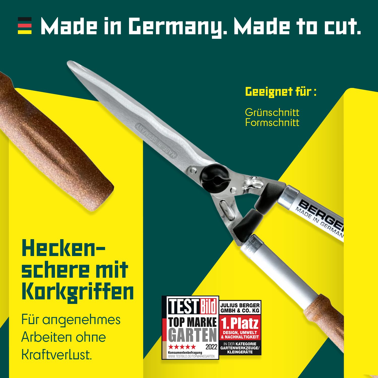 BERGER Heckenschere mit Korkgriff C4595 | Heckenschere manuell mit 24?cm Schnittlänge | Wellenschliff & Anschlagdämpfer | Leichte & langlebige Handheckenschere | KWF-zertifiziert & Made in Germany