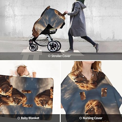 Miniatura 9 de Baby Car Seat Canopy Cover for Mom, Soft Breathable Nursing Breastfeeding Covers Multi Use Stroller Sun Shade Newborn Shower GiftTwo Lions