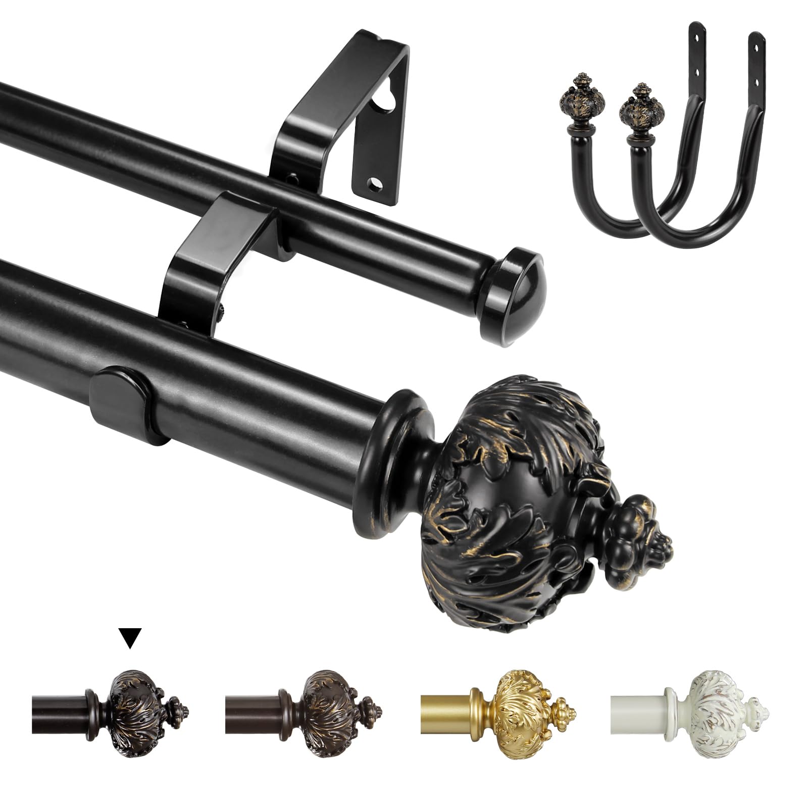 Black Gold（+Holdbacks） Double Curtain Rod With Albert Finials, 1 Inch Diameter, Adjustable Length 28-48, 48-84, 84-120 Inches (, 213-304 Cm)