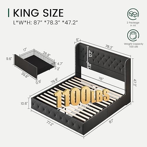 Miniatura 100 de LARMACE - Marco de cama tamaño King con 4 cajones de almacenamiento y cabecera tapizada con botones, cama de plataforma tapizada en lino con