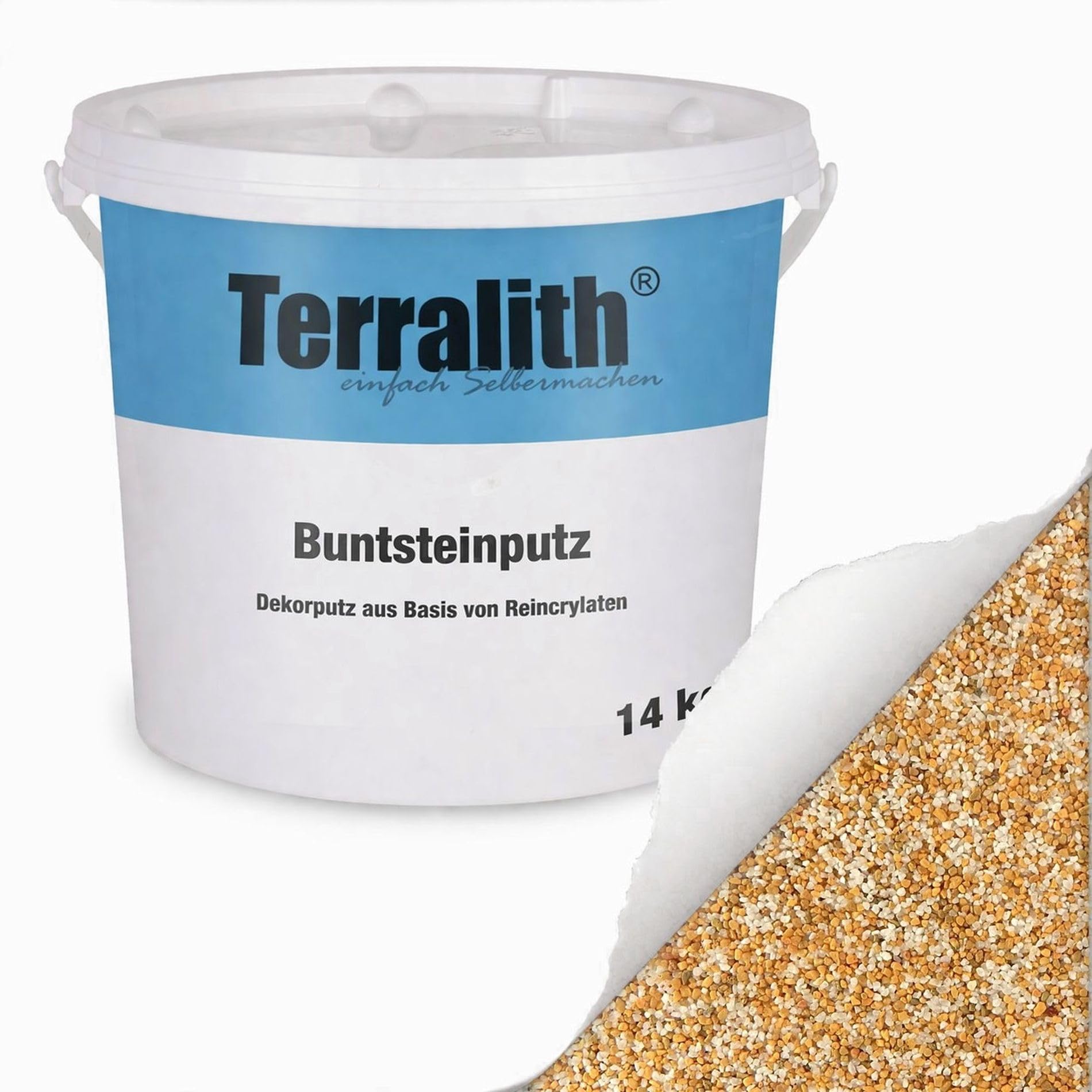 Terralith Buntsteinputz 14kg in gelb-weiß, Sockelputz für Innen und Außen mit Reinacrylat Bindemittel aus Naturstein, 1-2mm Körnung (BSP17)