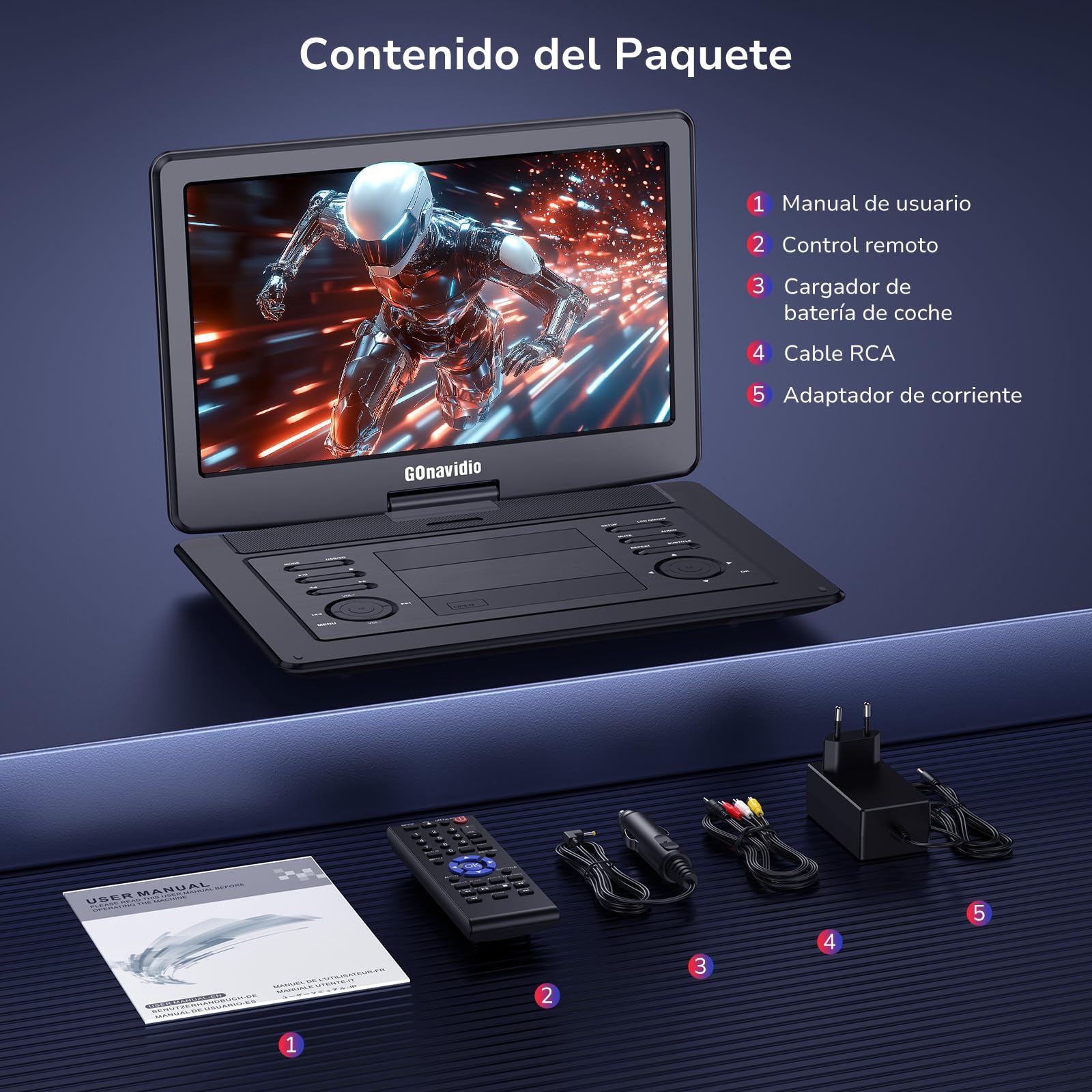 GOnavidio 17,9" DVD Portátil para Coche Niños con HDMI Pantalla Ancha de 16", Reproductor de DVD con Batería Recargable de 6 Horas, Soporta USB/SD, MP4, MKV