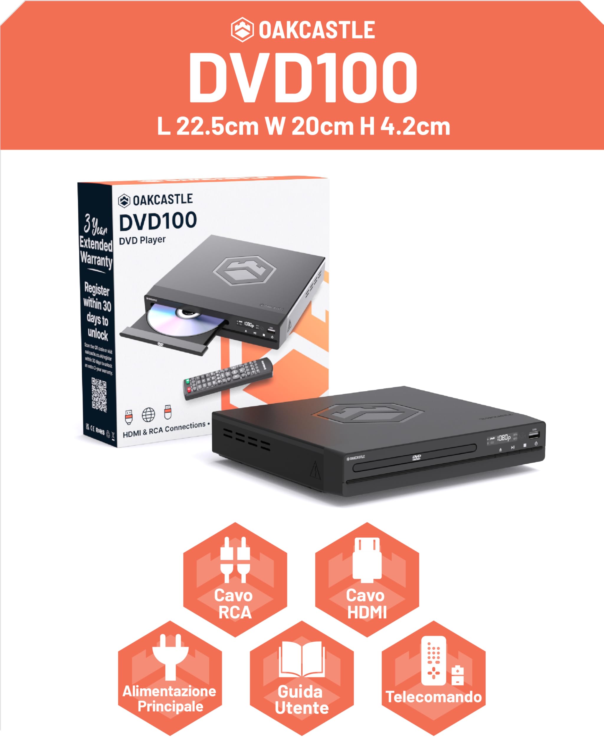 Lettore DVD per TV HDMI | DVD Player con Riproduzione di Dischi Multi Regione | Lettori per TV 1080 HD con Connettività HDMI RCA e AV | Riproduzione USB & MP3 | Oakcastle DVD100