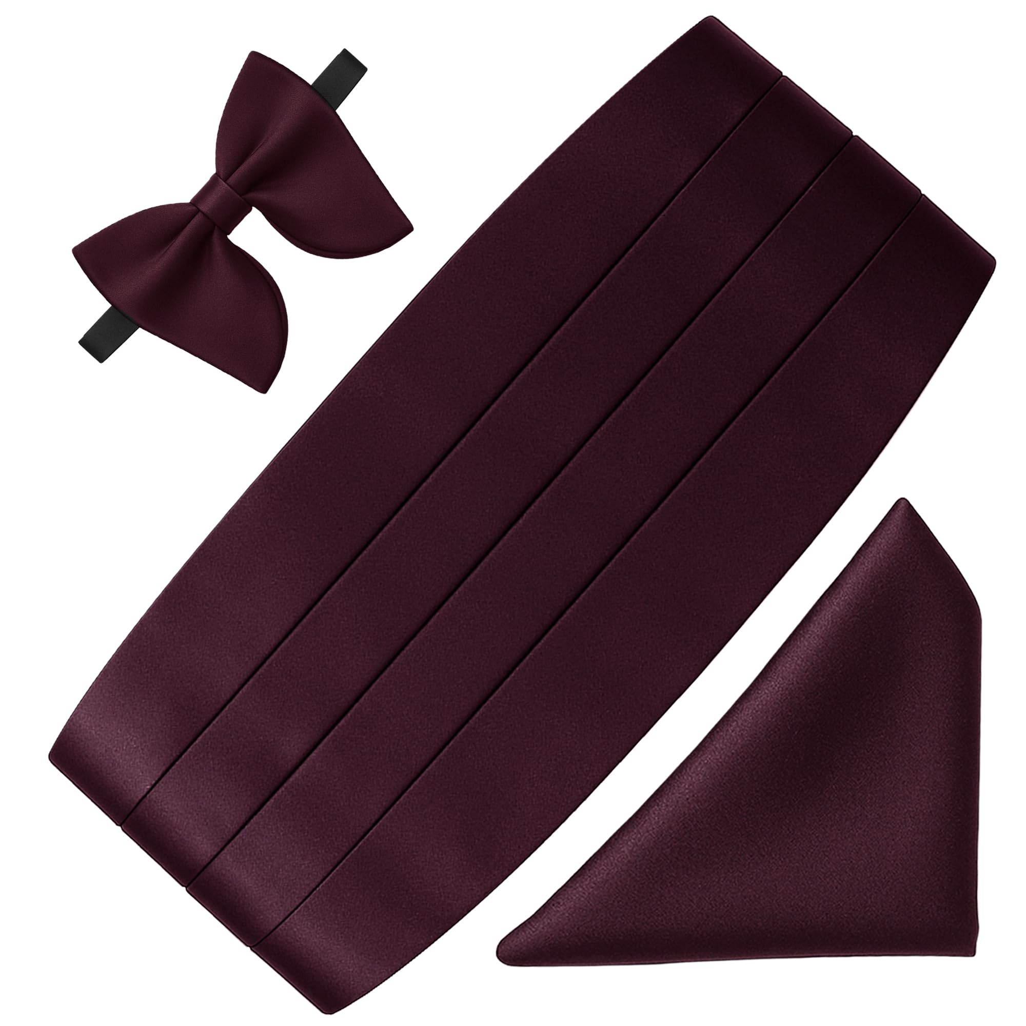 Men's Satin Cummerband, Butterfly Bow Tie and Pocket Square Set (Wine)