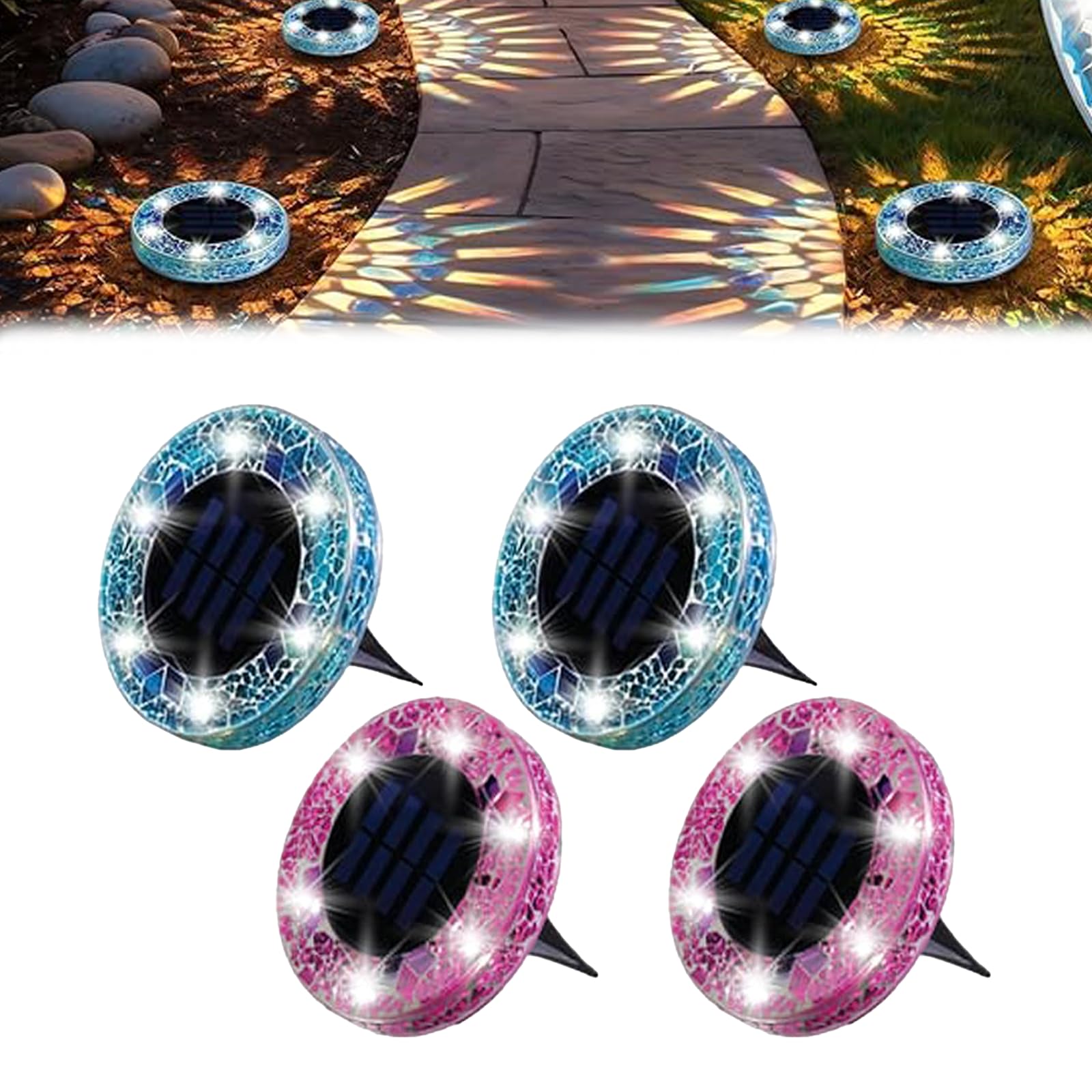 Miepkvl Mosaic Solar Disk Light, Solar Ground Disk Lights, Waterproof Garden Flat Solar Floor Light, Mosaic LED Garden Stake Lighting Auto On/Off for Walkway, Patio & Lawn (Blue+Purple,4PC)