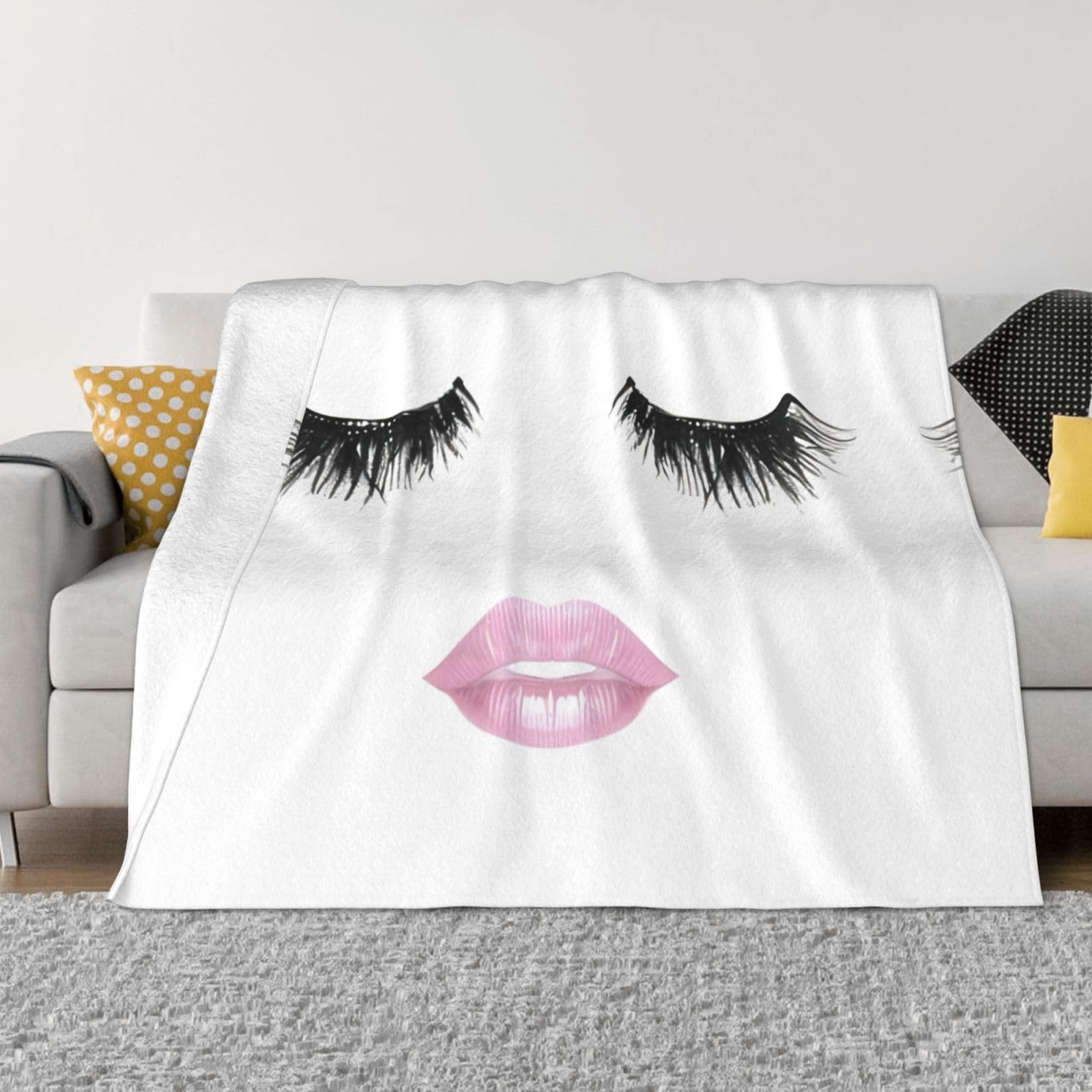 Couverture polaire flanelle blanche à motif cils pour lit et canapé