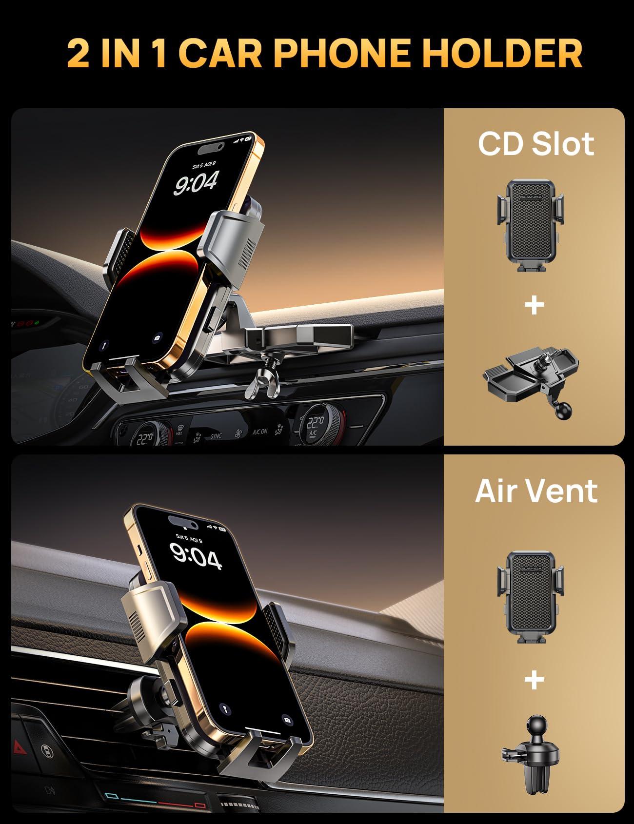 Supporto per telefono CD, supporto per telefono da auto e clip per bocchetta dell'aria [compatibile con custodie spesse], supporto universale regolabile a 360°, per slot CD da auto, per iPhone e