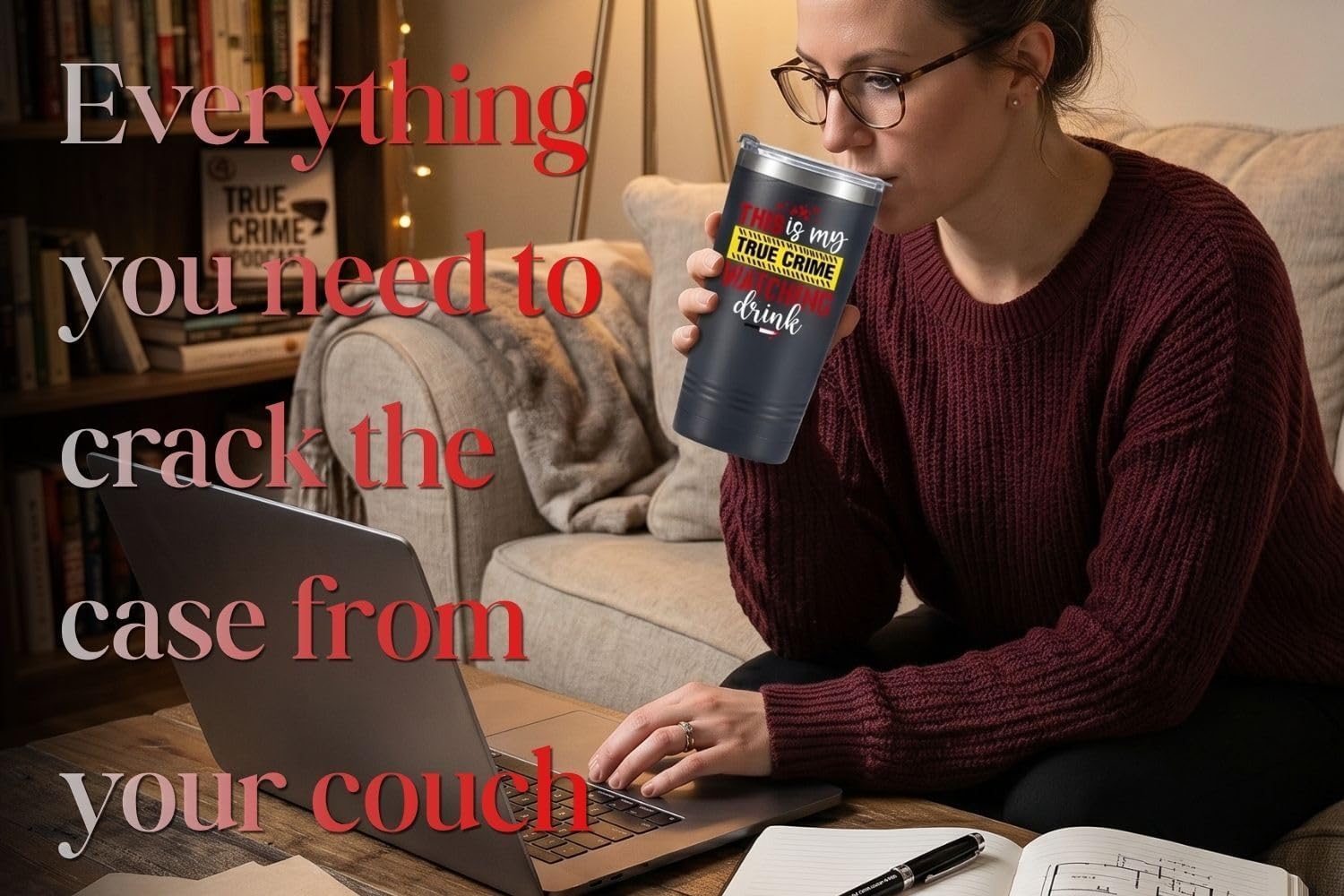 Onebttl True Crime Gifts for Men Women, Crime Gift Basket Set of 20oz Insulated Tumbler, Journal & Pen - Armchair Detective Podcast Merch, Birthday Gift for True Crime Lovers, Junkies, Fans,