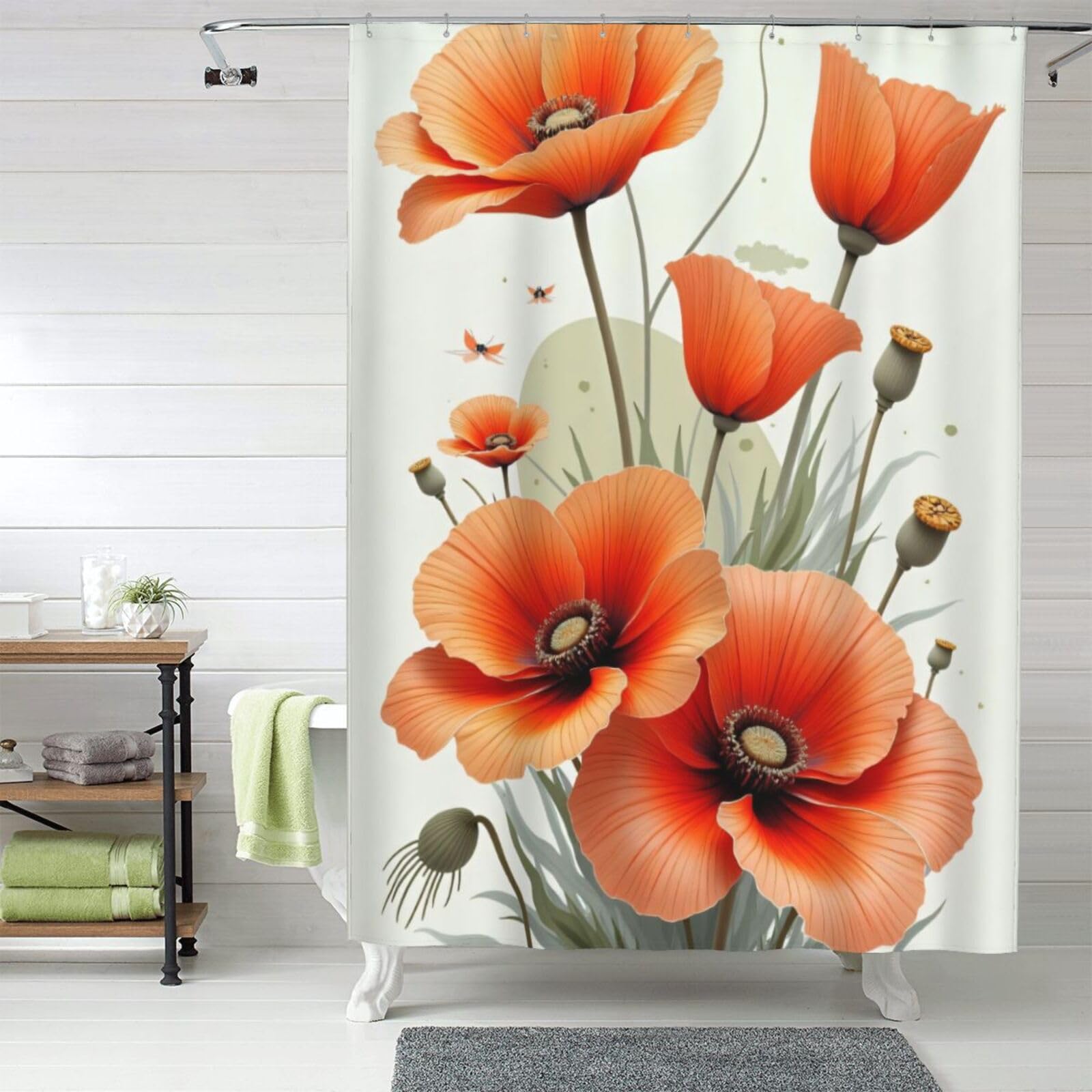 Rideau de douche en tissu haut de gamme opaque motif coquelicots