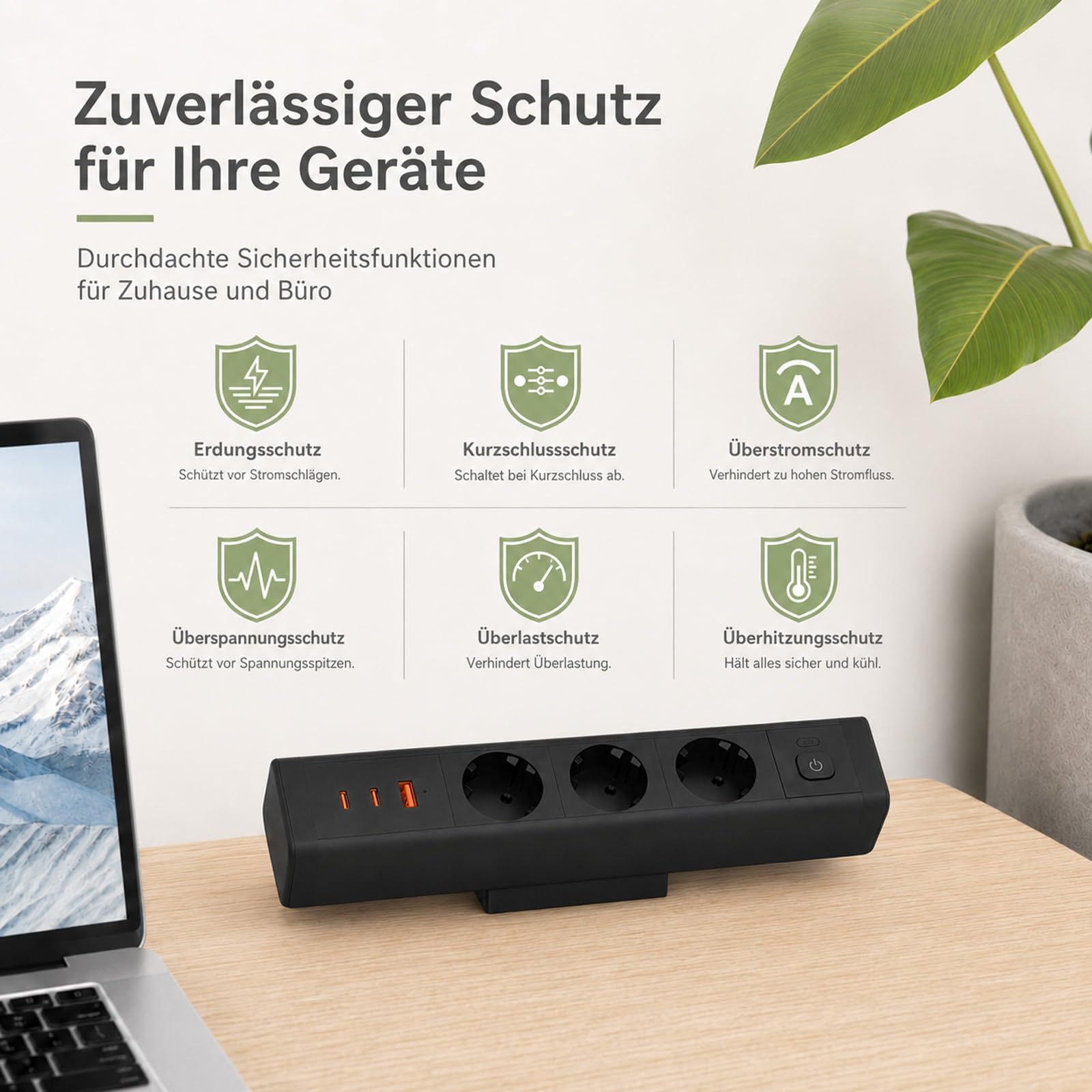Tischsteckdose mit 65W USB C, Haiaoyyds Steckdosenleiste Schreibtisch mit 3 Steckdosen, 1,8M Kabel, Überlastschutz, Schreibtisch Steckdose für Zuhause & Büro, Schwarz