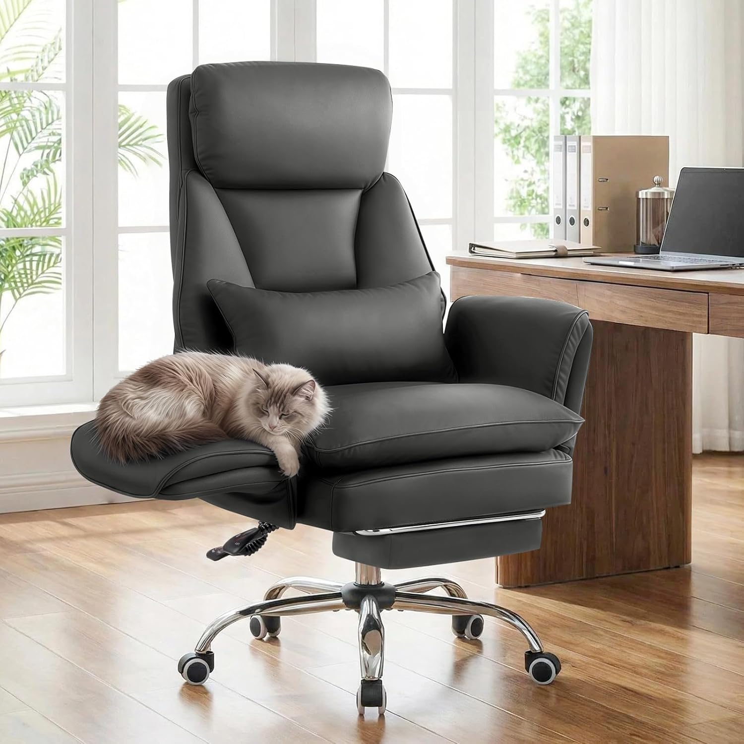 Furniliving Big and Tall Office Chair, Executive Reclining Computer Gaming Chair with Foot Rest, Flip Armrest & Lumbar Pillow, Thicken Wider Seat for Criss Cross Legged Sitting, Desk Chair, PU, Grey